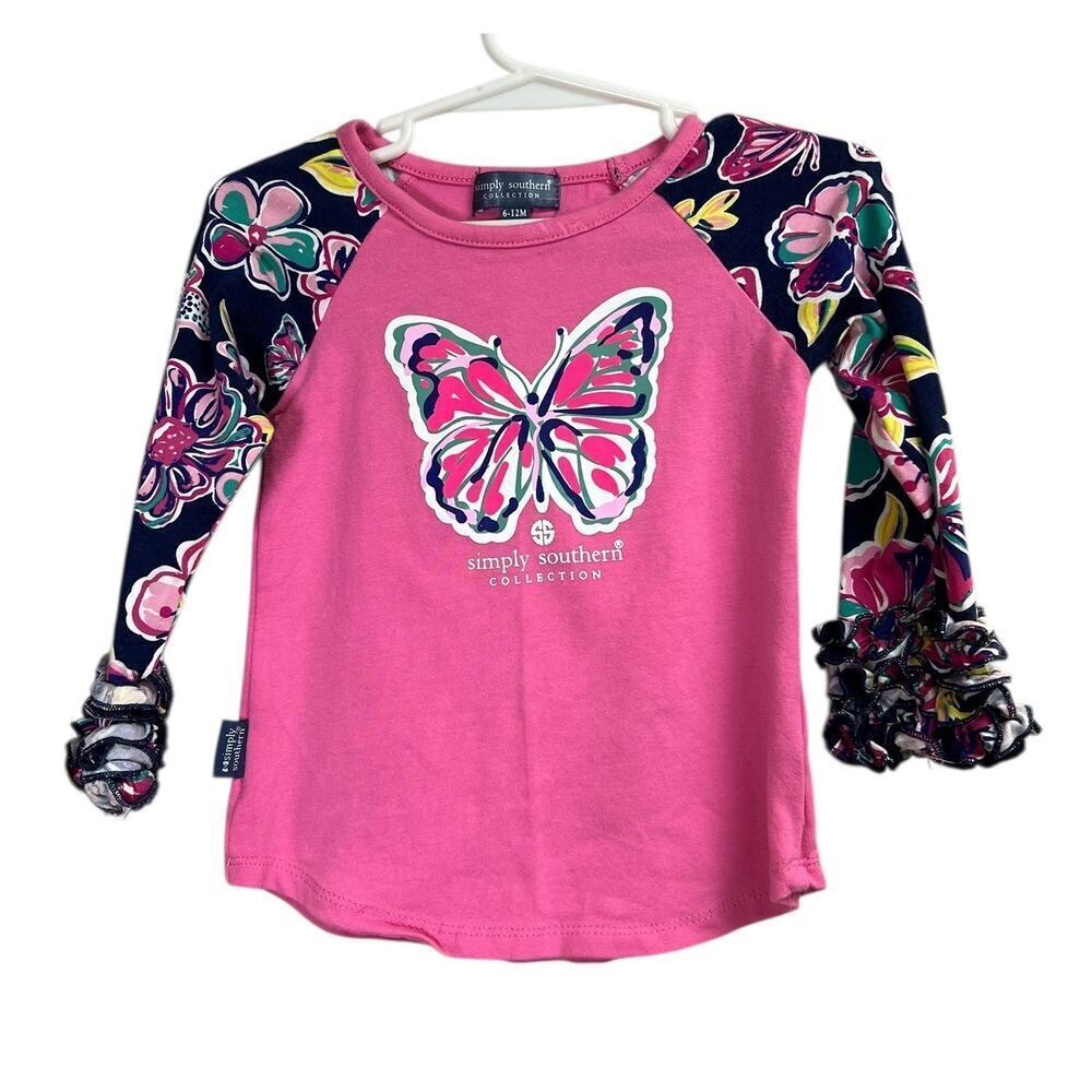 Simply Southern Infant Girls Long Sleeve Raglan Pink Blue Butterfly Ruffle Cuffs